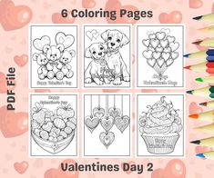 coloring pages for valentine's day with hearts, balloons and cupcakes on them