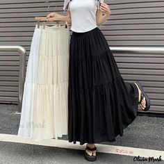 Olivia Mark - Chic Design Panel Midi Skirt with Long Flowy Hem Stylish Midi Skirt, Design Skirt, Midi Flare Skirt, Chiffon Overlay, Pleated Maxi Skirt, Skirt For Women, Chiffon Material, Pleated Maxi, Layered Skirt