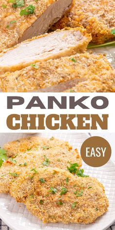 panko chicken on a white plate with parsley garnish and text overlay