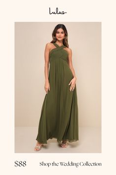 Get ready to stun when you arrive at the venue in the Lulus Momentous Elegance Olive Green Pleated Halter Maxi Dress! Lightweight woven chiffon shapes this stunning dress that has a modified halter neckline that continues into wide straps and a low back. Bodice has an angular, pleated design that continues down to a high, fitted waist. Skirt has a panel of pleats at the front of the flaring silhouette that ends at a maxi hem. Hidden zipper/clasp at back. Fit: This garment fits true to size. Leng Halter Maxi Dress, Halter Maxi, Chiffon Maxi, Halter Maxi Dresses, Chiffon Maxi Dress, Halter Neckline, Dress 100, Wide Straps, Stunning Dresses