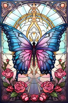 a stained glass window with pink roses and a blue butterfly on it's wings