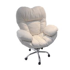 a white chair sitting on top of a metal base with an armrest and foot rest