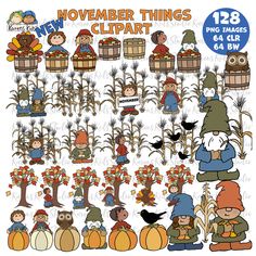 november things clipart set with pumpkins, trees and scarecrows in the fall