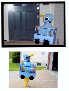 two pictures of the same character in front of a door, one with an eyeball on its head