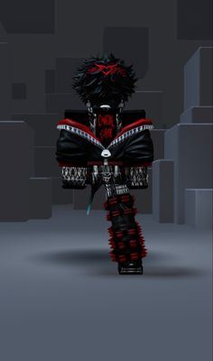 an animated image of a person dressed in black and red