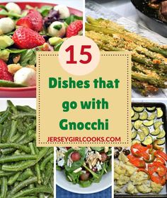 different dishes that go with gnocchi are shown in this collage, including asparagus, broccoli, and strawberries