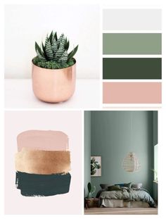 some green and pink colors in a room with a potted plant on the floor