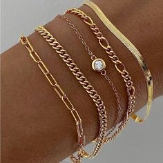 Material: 14k Gold Plated Hypoallergenic Lead & Nickle Free Tarnish Free Length: 8.5” 5pc Bracelet Set Cute Anklets, Summer Beach Jewelry, Cubic Zirconia Bracelet, Gold Bracelet Cuff, Jewelry Essentials, Jewelry Lookbook, Gold Bangle Bracelet, Gold Accessories, Girly Jewelry