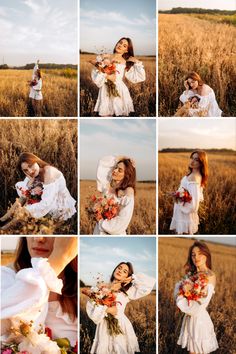 the woman is posing for pictures in the field