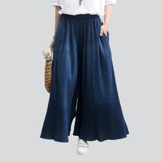 Unveil a timeless look with our 2023 Autumn Collection Pleated Navy Culottes Denim Pants—an alluring mix of vintage-style y2k. a dark wash finish. and modern-day style.Why These Pants are an Autumn EssentialFashioned with a classic y2k style. these pantskirt are a timeless addition to any wardrobe. The dark wash finish is a stylish choice for autumnal days. enhanced by its high-waisted silhouette and rubber closure. Perfect for day or night. these denim pants will be your go-to for any occasion. Chic Baggy Flare Jeans In Denim Blue, Chic Baggy Denim Blue Flare Jeans, Spring Baggy Cropped Flare Jeans, Denim Blue Cropped Wide Leg Pants With Pockets, Baggy Cropped Flare Jeans For Spring, Baggy Denim Blue Flare Jeans For Summer, Summer Baggy Denim Blue Flare Jeans, High Waist Indigo Jeans For Summer, Spring Denim Blue Wide Leg Pants Relaxed Fit