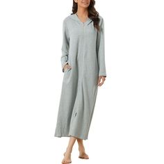 This nightshirt for women is constructed of soft 60% Polyester 35% Rayon and 5% Spandex, providing you a super comfy and warm loungewear. With a full zip-up closure, practical pocket, and hoodie design, this nightshirt robe is everything you need for lounging, sleeping, or as a casual cardigan for outside. This Hoodie Zip Up Nightshirt is the perfect choice for daily wear, lounging wear at home. Versatile long dress for all occasions! With a loose casual maxi length, zip-up closure, soft fabric, Casual Long Sleeve Nightgown For Sleep, Winter V-neck Sleepwear, Long Sleeve Relaxed Fit Nightgown For Bedtime, Long Sleeve Relaxed Fit Nightgown For Sleep, Hooded Sleepwear For Fall Lounging, Relaxed Fit Long Sleeve Nightgown For Sleep, Hooded Fall Sleepwear For Lounging, Long Sleeve Relaxed Fit Nightgown, Hooded Sleepwear For Lounging In Fall