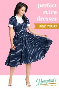 I Love Lucy x Unique Vintage Ricardo polka dot shirtwaist swing dress – order now at hemptonsretro.com! A fabulous frock for a charming troublemaker, the Ricardo dress from Unique Vintage is crafted in a lightweight crepe fabric, the navy blue silhouette dances with white polka dots and accents throughout for a classic mid-century style. #retrodress #retrodresses #pinupdress #pinupdresses #pinupfashion #pinuplove #pinupinspired #vintagedress #vintagedresses Blue Silhouette, Rockabilly Girl, Modern Pinup, Rockabilly Outfits, Rockabilly Style