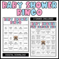 the baby shower game is shown in pink and blue, with text that reads baby shower bingo