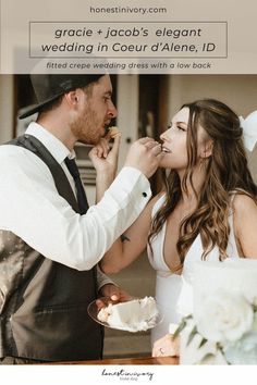 a bride and groom are feeding each other cake at their wedding reception with the words, grace + jacob's elegant wedding in coeur d'alene, id