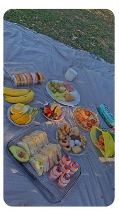 an assortment of food is laid out on a blanket