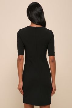 Sass and class come together perfectly with the Lulus Westwood Black Half Sleeve Sheath Dress! Ponte knit shapes this perfect-for-work dress with half sleeves, crew neckline, and princess-seamed bodice. Fitted waist tops a flattering sheath skirt with front pleats and overlapping hem. Hidden back zipper/clasp. Fit: This garment fits true to size. Length: Mid-thigh. Size medium measures 36.5" from shoulder to hem. Bust: Great for any cup size. Waist: Fitted - stretchy fabric allows custom fit. Hi Fitted Evening Dress With Crew Neck, Fitted Crew Neck Evening Dress, Fitted Crew Neck Mini Dress For Work, Formal Stretch Mini Dress With Short Sleeves, Formal Short Sleeve Stretch Mini Dress, Elegant Crew Neck Dress For Work, Fitted Short Sleeve Crew Neck Dress, Fitted Crew Neck Short Sleeve Dress, Elegant Fitted Bodycon Dress With Crew Neck