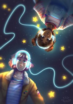 two people flying through the air with stars in the sky behind them and one person looking up