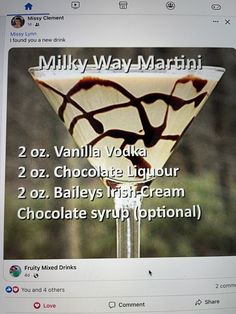 a martini glass with chocolate swirl on the side and text describing it's ingredients