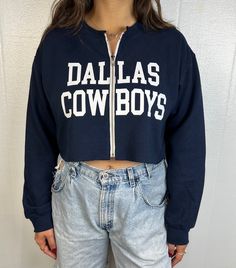 "Dallas Cowboys Cropped Zip-up Sweatshirt Size:  Various Sizes Available- unisex fit Model is 5'9' and wearing a medium size with a 13\" zipper in the photo Choose your zipper length at checkout: 13\" Zipper is shown in photo, this will show some stomach 15\" Zipper usually hits waist line" Throwback Letter Print Tops For Fall, Throwback Fan Gear Tops For Fall, Throwback Cotton Tops For Fall, Throwback Style Cotton Tops For Fall, Dallas Cowboys Game, Weekend Games, Dallas Cowboy, Cropped Zip Up, Nfl Season