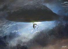 a man falling off the side of a very large object in the middle of the sky