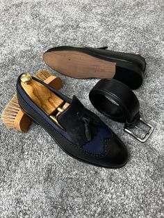 Madison Neolite Sole Tasseled Black & Navy Loafer | VICLAN Navy Loafers, Leather Product, Care Care, Blue Tassel, Summer 22, Elegant Man, Loafer Sneakers, Tassel Loafers, Driving Shoes