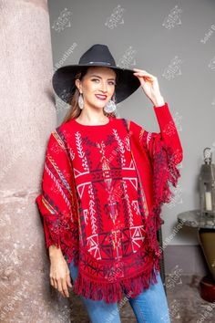 Red Bohemian Cape Poncho, Red Bohemian Poncho Cape, Red Long Sleeve Poncho, One Size, Folk Style Red Poncho For Winter, Red Folk Style Poncho For Fall, Multicolor Folk Poncho For Winter, Red Long Sleeve Poncho For Festival, Red Bohemian Poncho For Winter, Mexican Sweater