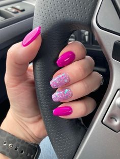 Rounded Coffin Nail Shape, Bachelorette Nail Ideas Pink, Hot Pink New Years Nails, Pink Colour Nail Art, Dark Pink Nails Ideas, Pink Nails Coffin Shape, Hot Pink Oval Nails, Nail Designs Pink And Black, Hot Pink Black Nails