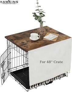 a table with a basket on top and a coffee cup sitting on it's side