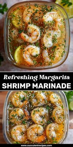 shrimp marina in a glass dish with lemons and parsley