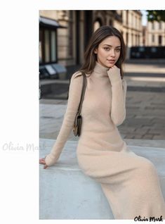 Olivia Mark - Knitted Maxi Dress with High Collar and Bodycon Fit - Luxurious Mink Cashmere Blend Knitted Maxi Dress, Fitted Floral Dress, Cashmere Outfits, Fitted Maxi Dress, Party Dress Long Sleeve, Knitted Bodycon Dress, Turtleneck Sweater Dress, Long Sleeve Casual Dress, Cashmere Turtleneck