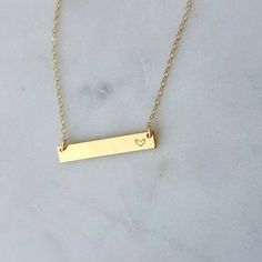 Heart bar necklace/ 14K Gold filled Bar by HankandJeanJewelry Minimalist Hand Stamped Heart Pendant Jewelry, Minimalist Rectangular Jewelry For Valentine's Day, Minimalist Rectangular Valentine's Day Jewelry, Minimalist Nameplate Charm Necklace, Minimalist Everyday Nameplate Charm Necklace, Minimalist Heart Pendant Name Necklace, Minimalist Bar Necklace For Mother's Day Personalized Gift, Minimalist Charm Necklace For Anniversary, Minimalist Hand Stamped Necklaces For Anniversary Gift