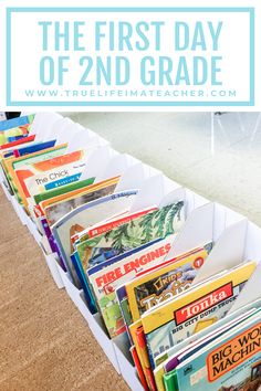 the first day of 2nd grade books lined up in a row with text overlay