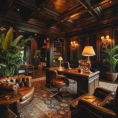 an elegant home office with leather furniture and potted plants