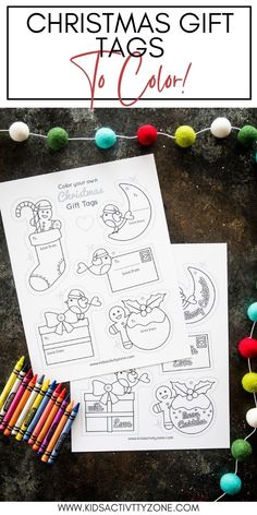 christmas gift tags to color with crayons and pom - poms on the table