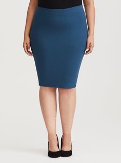 A thick ponte knit fabric skirt stretches and smoothes while maintaining its shape. Ponte fabric. Thick elasticized waist. Banded trim. Vented back. Pencil skirt silhouette. CONTENT + CARE: Rayon/nylon/spandex. Wash cold; line dry. Imported plus size skirt. SIZE + FIT: Size 2 measures 25. 75” from waist to hem. Model is 5'10”, size 1. The best plus size women's midi studio luxe ponte pencil skirt skirts in teal made of studioponte. These dressy clothes and work-wear, office-wear, career-wear, and business-wear will make you look professional to nail your job interview and wear to work every day. Torrid is your destination for the freshest spring and summer styles. Flattering Elastane Pencil Skirt, Blue Stretch Midi Pencil Skirt, Blue Stretch Skirt For Workwear, Bodycon Pencil Skirt In Elastane, Stretch Elastane Midi Skirt, Chic Bodycon Stretch Bottoms, Chic Bodycon Elastane Bottoms, Solid Lined Elastane Pencil Skirt, Flattering Stretch Elastane Skirt