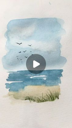 a watercolor painting with birds flying over the ocean and grass on the beach in front of it