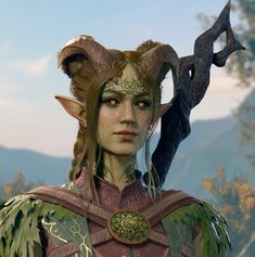 an elf with horns and long hair standing in front of some trees, looking at the camera