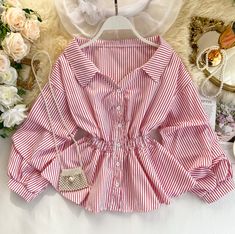 Casual Blouses, Clothes Korean Style, Clothing Female, Fashion Top Outfits, Fancy Tops, Trendy Fashion Tops, Long Sleeve Striped Top, Tops Casual, Striped Short