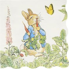 a drawing of a rabbit with carrots in its mouth and a butterfly flying over it