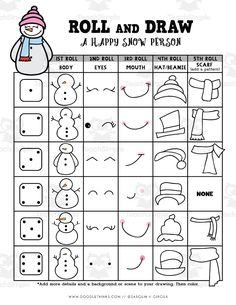 the printable roll and draw activity sheet for toddlers to learn how to draw snowmen