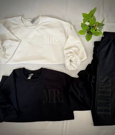 Embrace the warmth of love with our Bride and Groom Crew Neck and Jogger Set. A perfect gift for engaged or married couples embarking on their journey together, or a delightful treat for yourselves. Celebrate love, comfort, and togetherness with this stylish set! ITEM DETAILS: * Crewneck Sweater and Joggers, 50% cotton, 50% polyester * Unisex Sizing: S, M, L, XL, 2XL Sizing Tip: These run BIG! Please select your size thoughtfully. Care Instructions: Machine wash cold. Do Not Bleach. Tumble dry l Bride And Groom Pajamas, Bride To Groom Gift, Bride Groom Sweatsuit, Bride And Groom Matching Sweats, Bride And Groom Sweatshirts, Bride And Groom Sweats, Reception Outfits For Bride And Groom, Wedding Gifts For Groom From Bride, Wedding Sweatsuit Bride And Groom