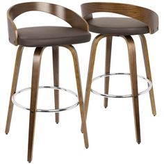 two wooden barstools with brown upholstered seats