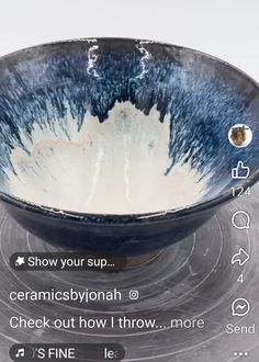 a blue and white bowl sitting on top of a glass plate with the words show your sup