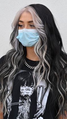 Black Hair With White Extensions, Black Hair With Silver Underneath, Different Ways To Dye Your Hair, Dark Hair With Blonde Underneath, Long Colored Hair, Black Hair With Blonde Front Pieces, Black Colored Hair, Black Hair With White, Western Hair Color