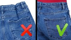 two pictures of the same pair of jeans with red and green patches on their butts