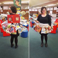 two pictures of a woman holding books in her hands