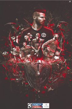 a man in black shirt surrounded by red and black artwork with soccer players on it