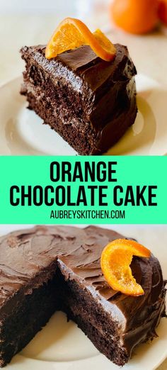 orange chocolate cake on a white plate with one slice cut out