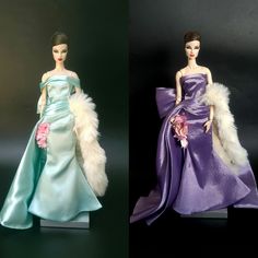 two barbie dolls dressed in evening gowns and fur stolers, one wearing a flower bouquet