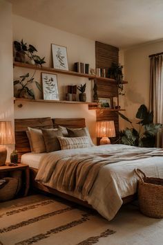 a bedroom with a large bed and lots of plants on the shelves above it in front of a window